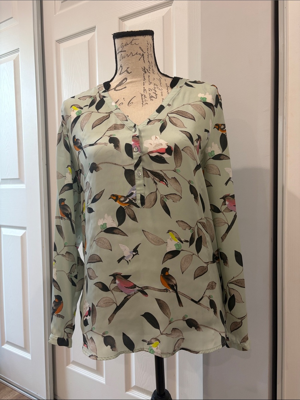 Zara Mint Green Bird-Print V-Neck Blouse